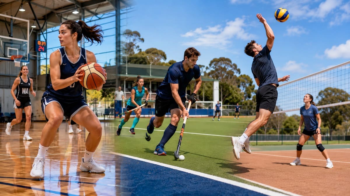 Athletes playing basketball, field hockey and volleyball in a community sports precinct
