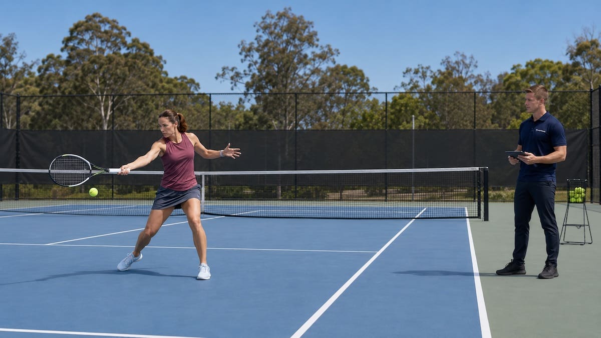 tennis-injuries-movement-assessment-physiotherapy Tennis player completing forehand movement assessment with a physiotherapist beside the court