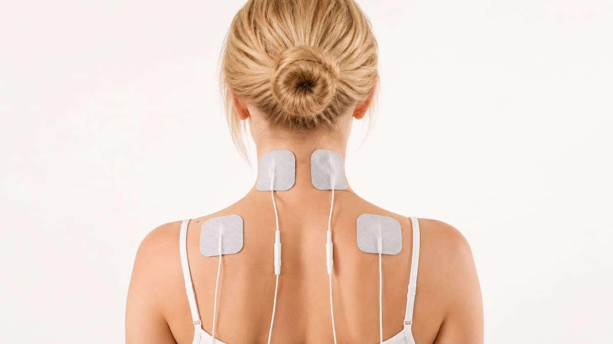 TENS therapy pads positioned on the neck and upper back