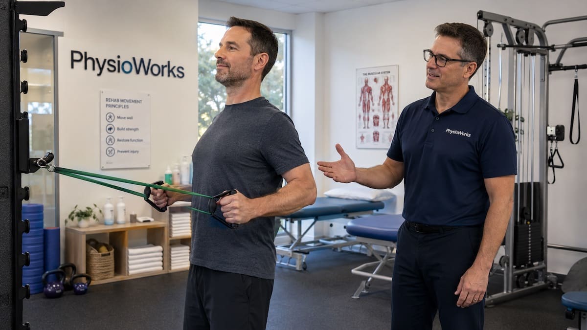 Physiotherapist supervising resistance row for thoracic pain and upper back strength