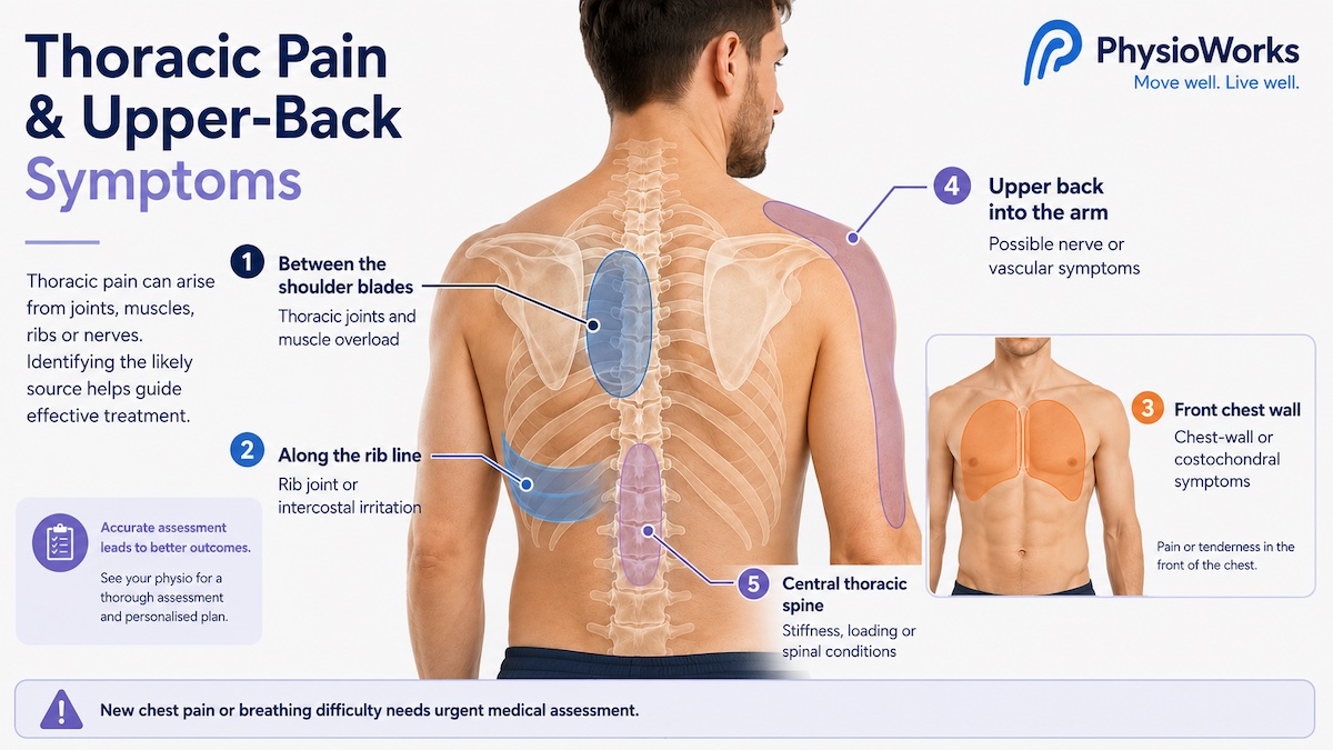 Thoracic pain diagram showing upper back, rib and chest wall symptom areas