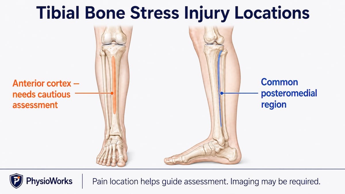 Diagram showing anterior and posteromedial tibial bone stress injury locations