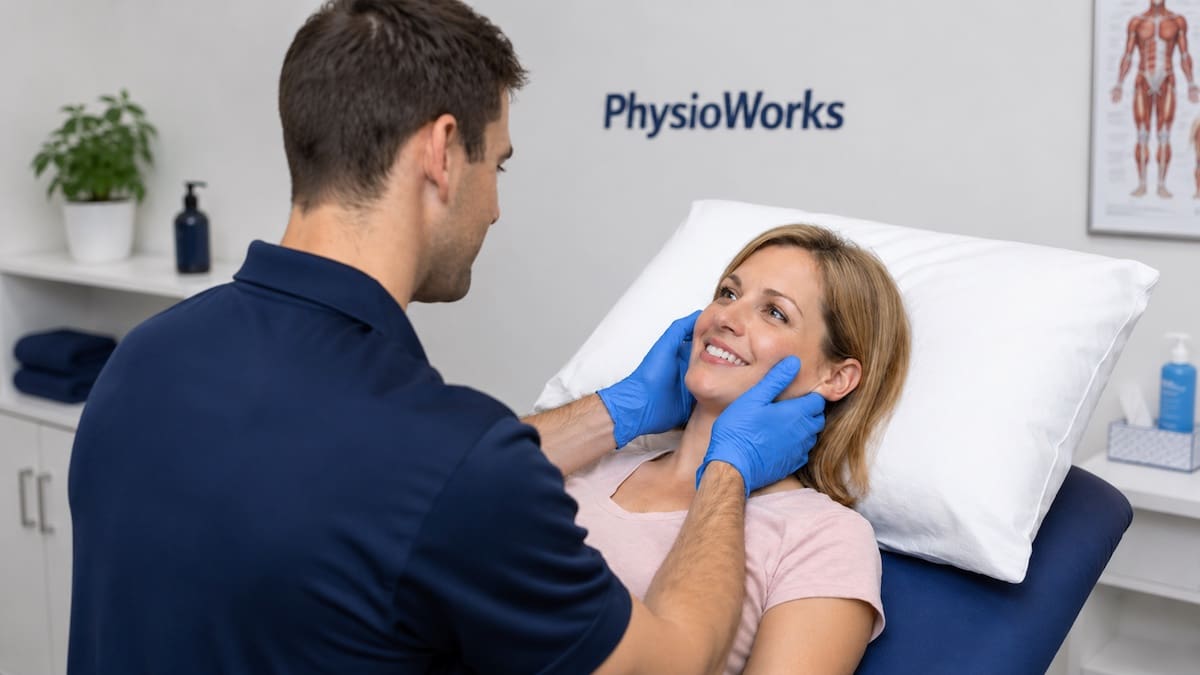Physiotherapist assessing jaw muscles and movement for a TMJ headache