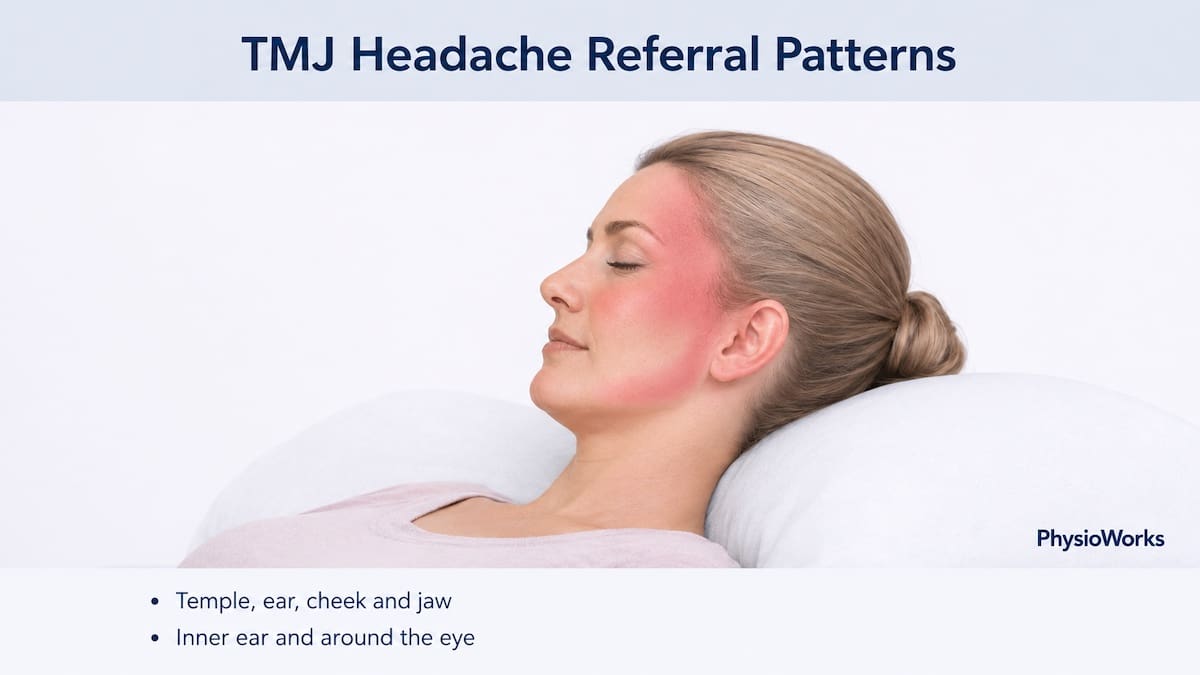 TMJ headache referral pattern over the temple cheek ear and jaw