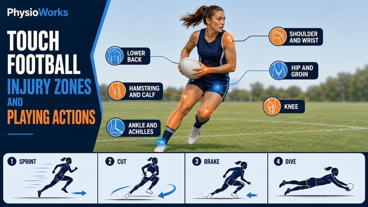 Touch football injury zones linked with sprinting cutting braking and diving actions