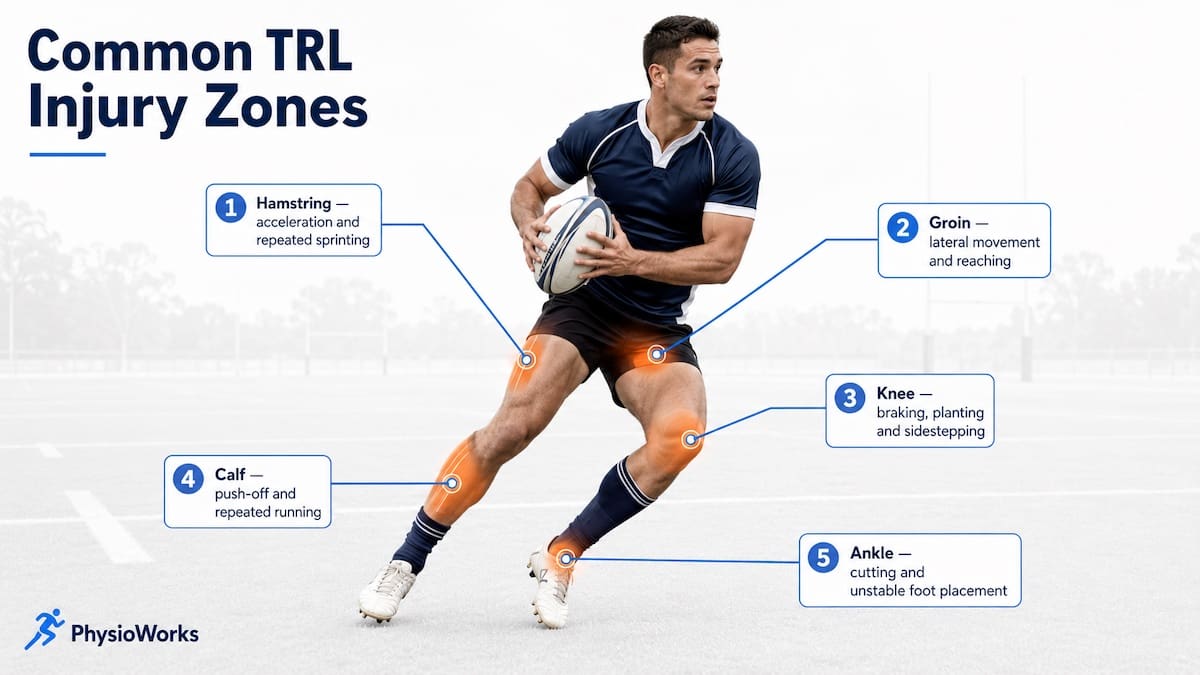 trl-injuries-sidestep-infographic Infographic showing common hamstring, groin, knee, calf and ankle injuries in TRL