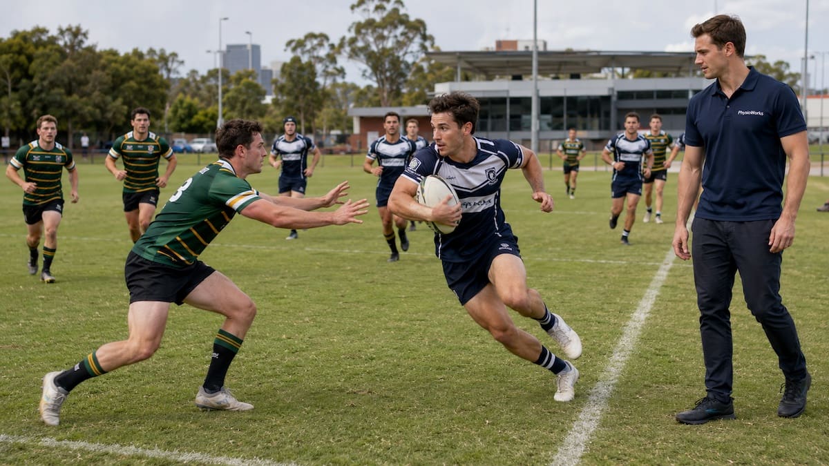 trl-injuries-sidestep-physiotherapy-hero TRL player sidestepping as a physiotherapist observes running and lower-limb control
