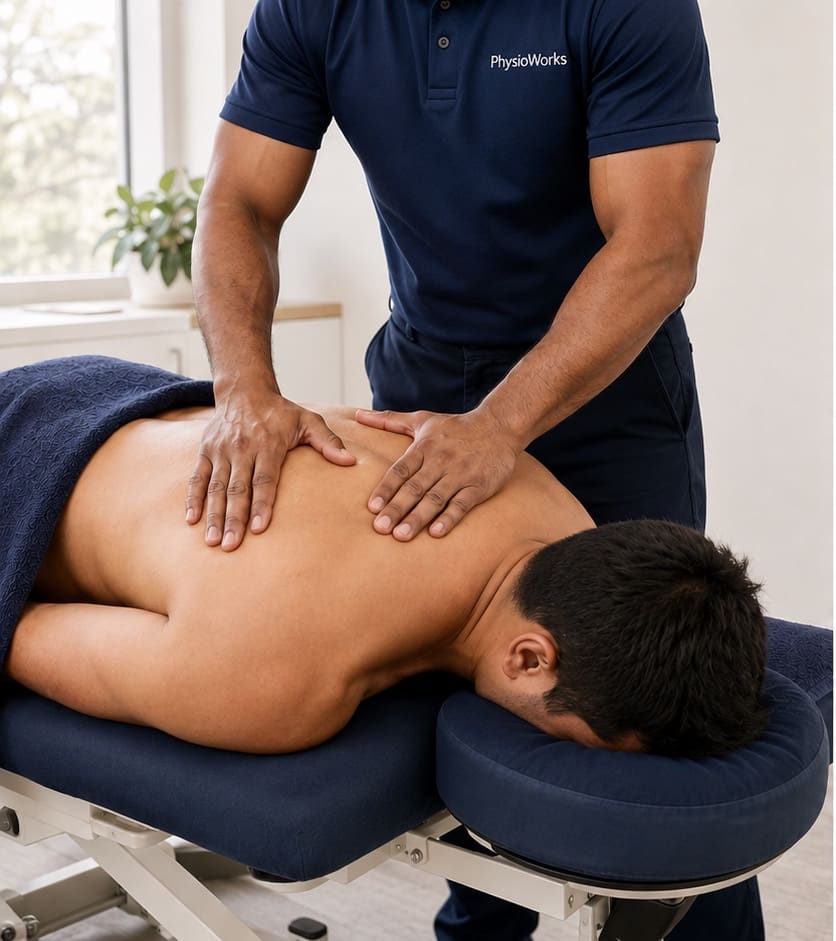 Remedial massage therapist treating a client’s upper back at PhysioWorks Sandgate