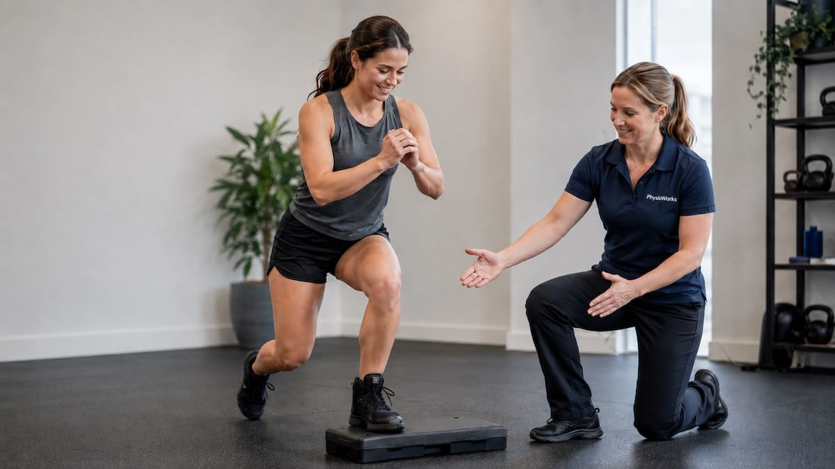 Physiotherapist coaching single-leg landing control after a wakeboarding injury