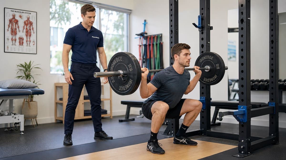 Physiotherapist assessing squat control and bar path for weightlifting injuries