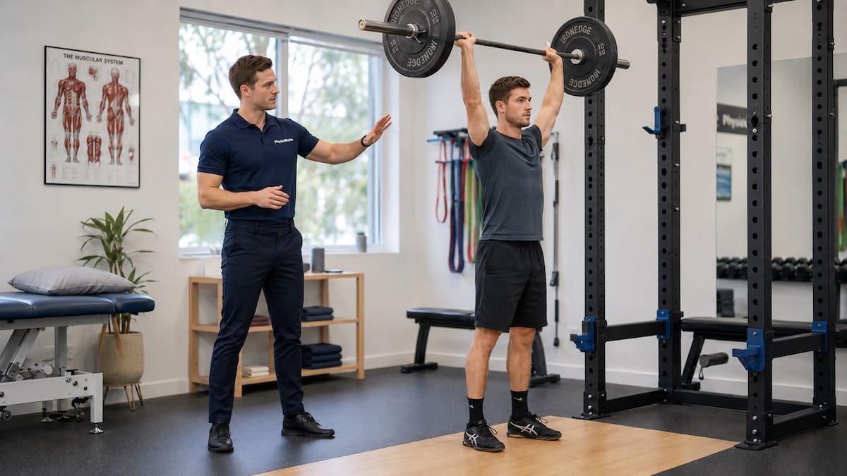 Physiotherapist assessing shoulder and trunk control during a barbell overhead press