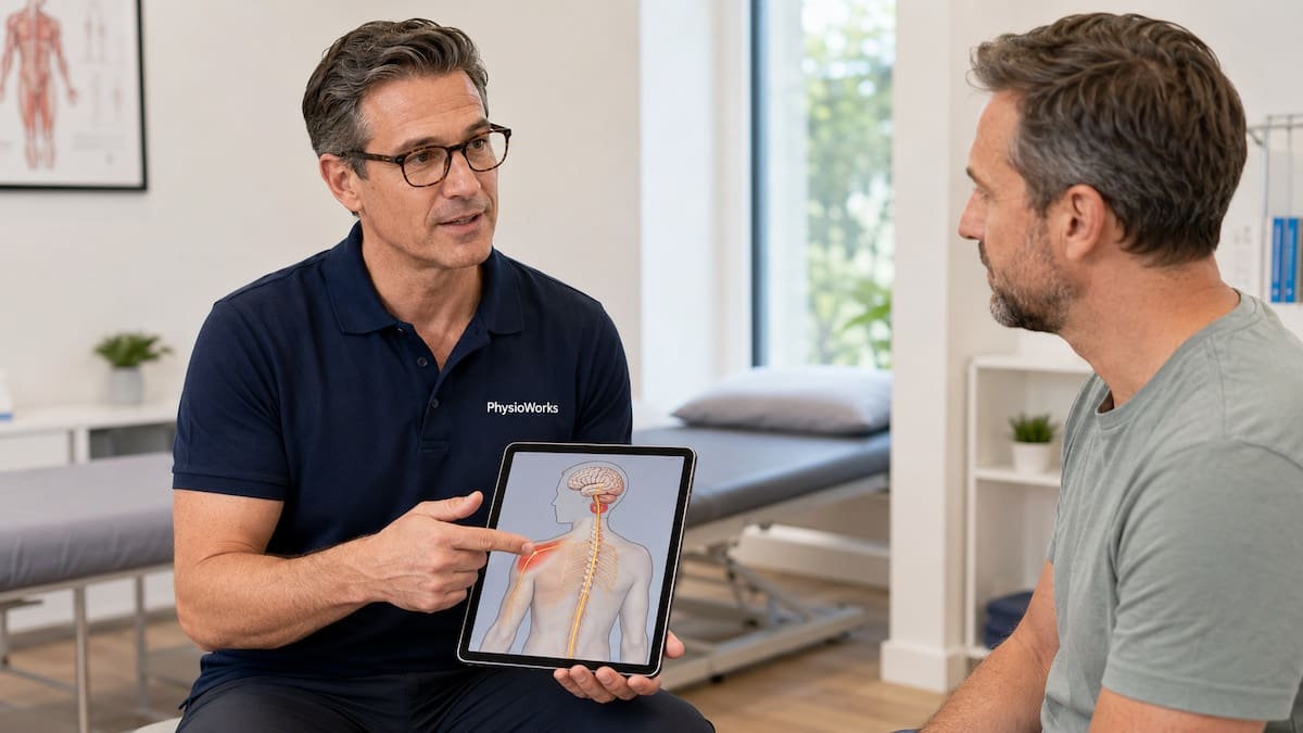 Physiotherapist explaining pain signals to a patient