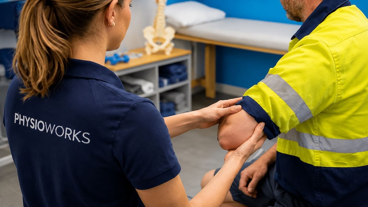 Physiotherapist assessing outer elbow pain and grip function