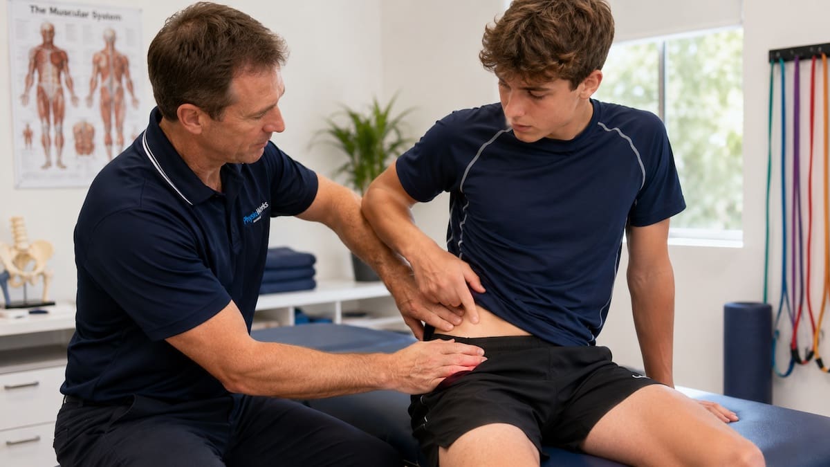 Physiotherapist assessing a young athlete with suspected pelvic avulsion fracture