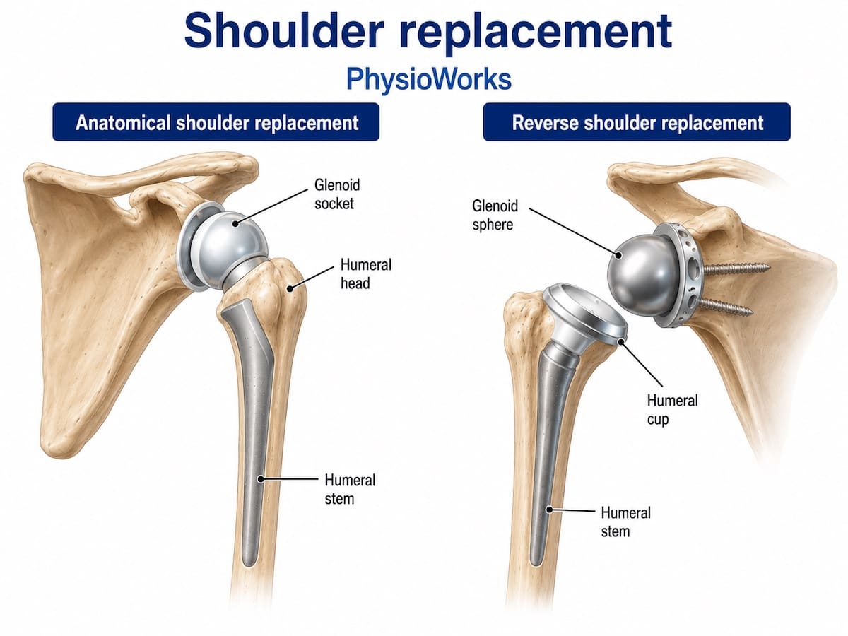 Anatomical and reverse shoulder replacement prostheses showing differences in ball and socket position