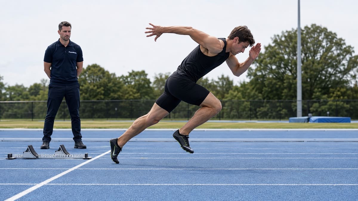 Track athlete accelerating from starting blocks while a physiotherapist observes sprint mechanics