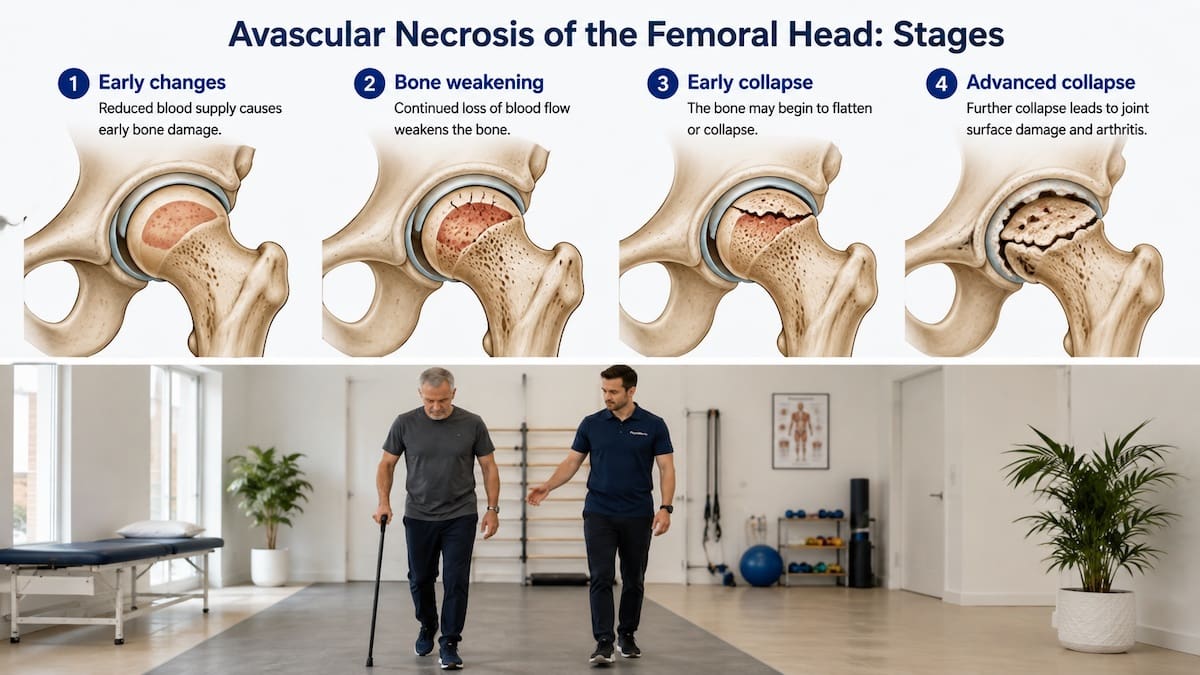 Stages of avascular necrosis affecting the femoral head of the hip
