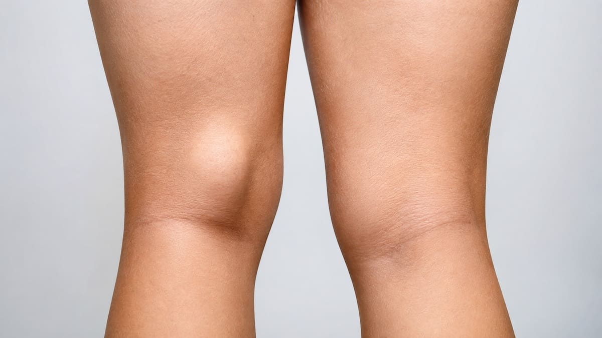 Physiotherapist assessing swelling and movement behind a patient’s knee