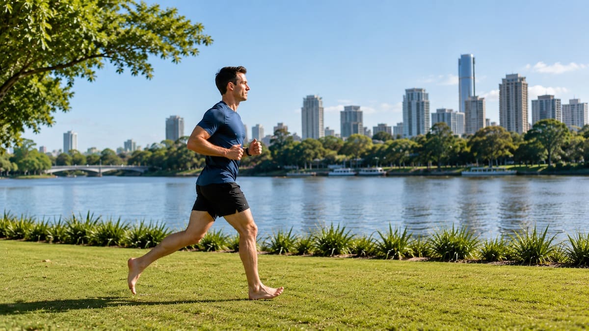 Barefoot runner moving parallel to a grassy river edge