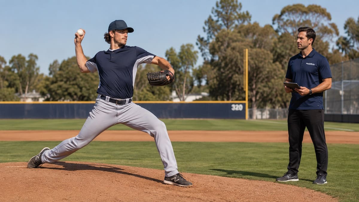 Baseball pitcher preparing to throw while a PhysioWorks physiotherapist observes his technique