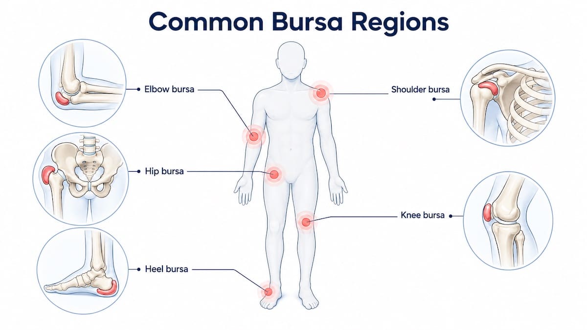 Common bursa regions at the shoulder, elbow, hip, knee and heel