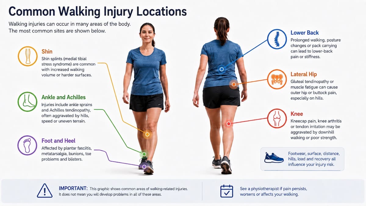 Infographic showing common walking injury locations at the foot, ankle, shin, knee, hip and lower back