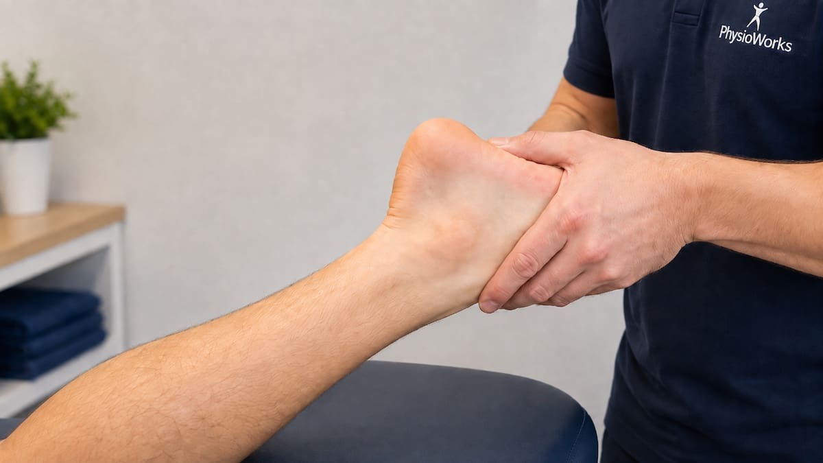Physiotherapist performing a hands-on mobilisation of the cuboid and outer midfoot