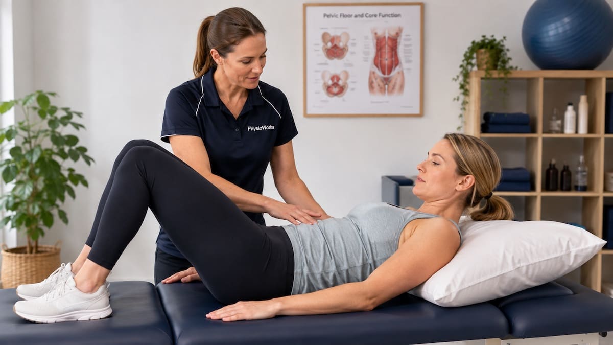 Physiotherapist assessing postpartum abdominal control during a supported curl-up exercise