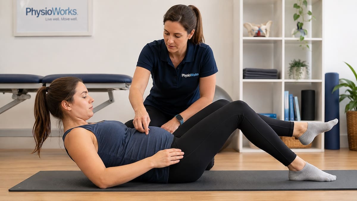 Physiotherapist assessing abdominal control and breathing during a supported pregnancy core exercise