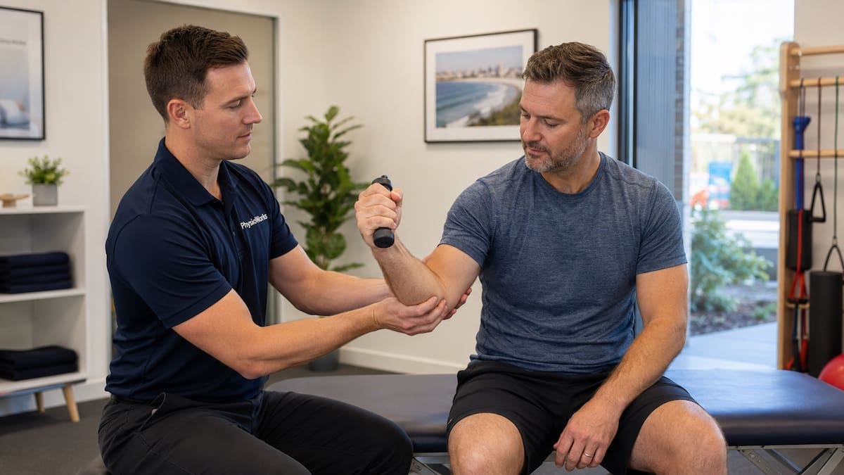 Physiotherapist assessing elbow and forearm function during a controlled grip test