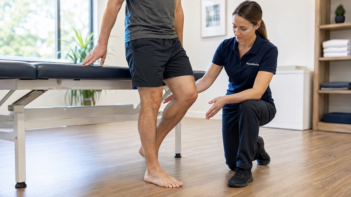 Physiotherapist supervising a balance and foot strengthening exercise