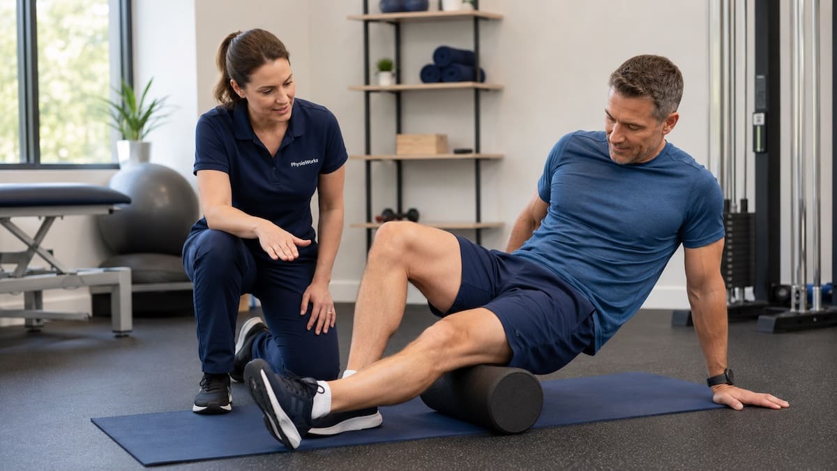 Physiotherapist guiding hamstring foam rolling after exercise