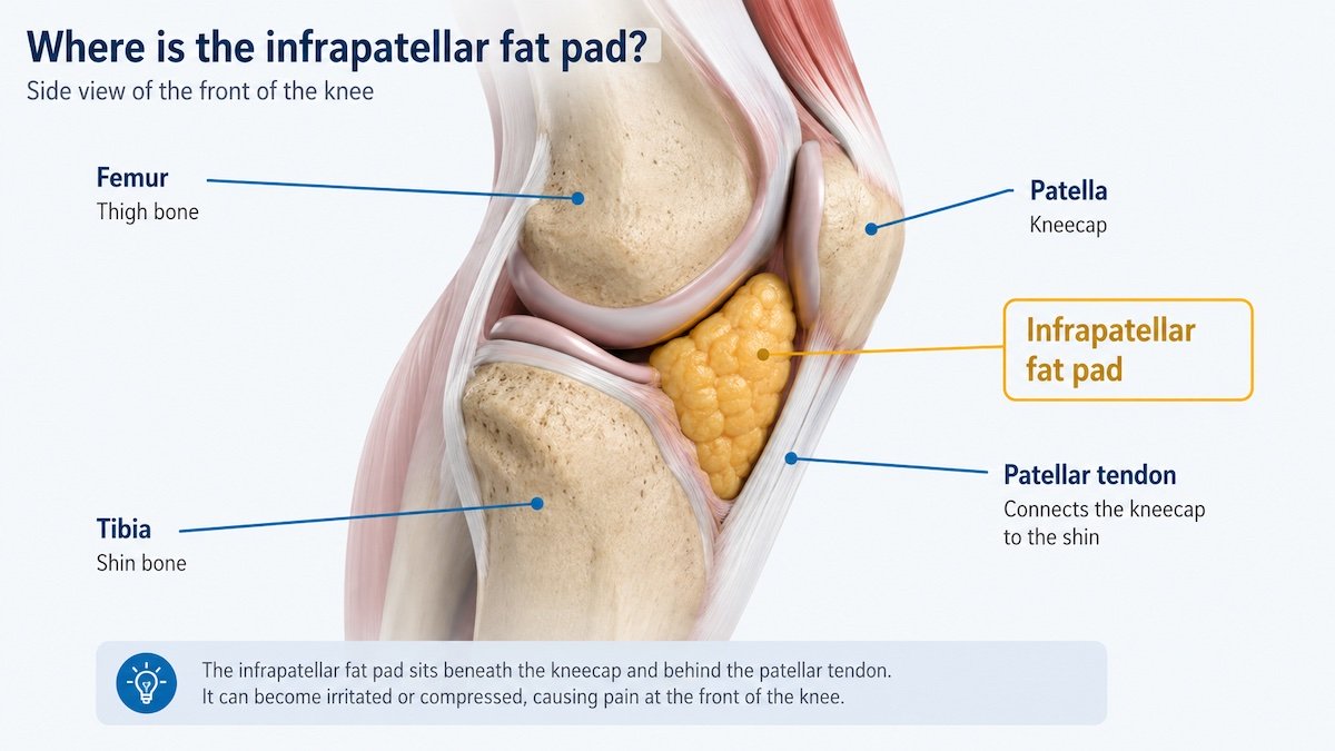 Side-view knee diagram showing the infrapatellar fat pad beneath the kneecap