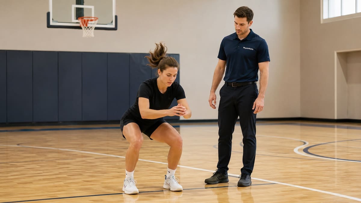 Athlete completing a controlled jump landing while a physiotherapist assesses lower-limb alignment
