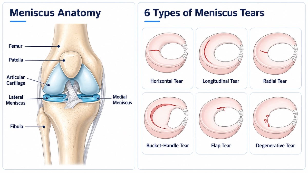 Diagram showing knee meniscus anatomy and six common meniscus tear patterns