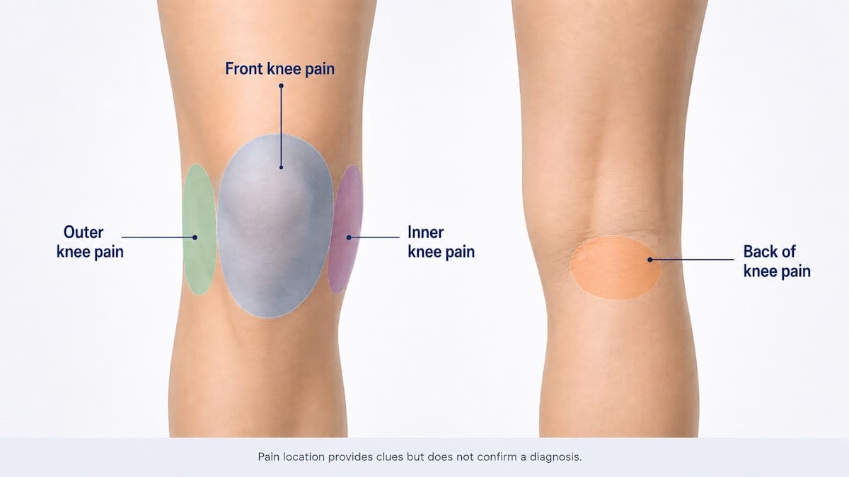 Diagram showing front, inner, outer and back knee pain locations