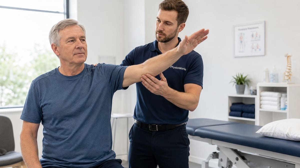 Physiotherapist assessing shoulder movement in an older adult with stiffness