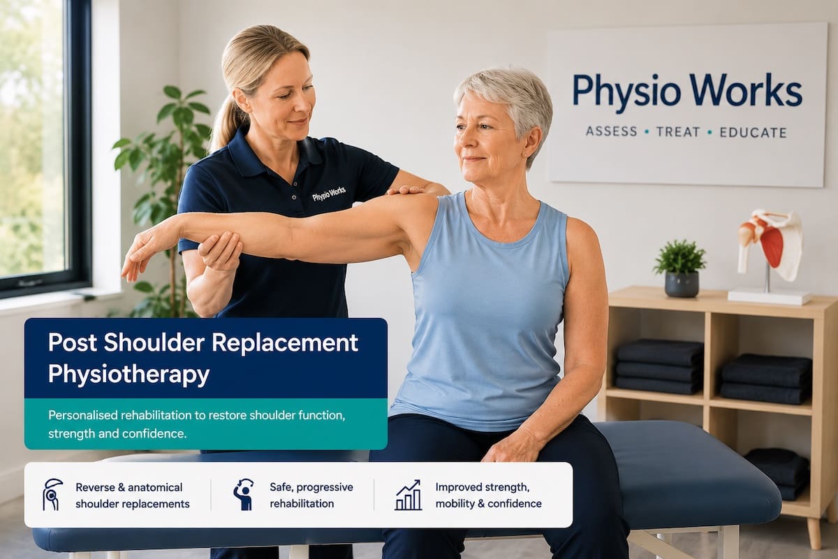 Older woman completing supported shoulder rehabilitation with a PhysioWorks physiotherapist after shoulder replacement