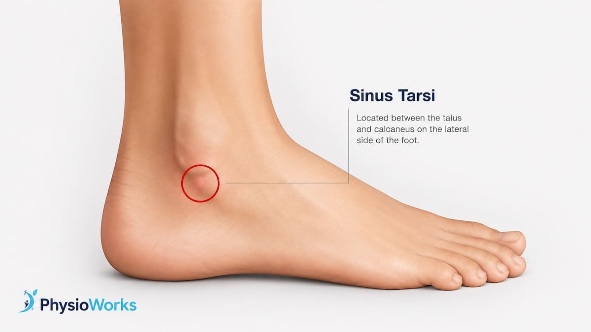 Sinus tarsi location highlighted on the outer ankle