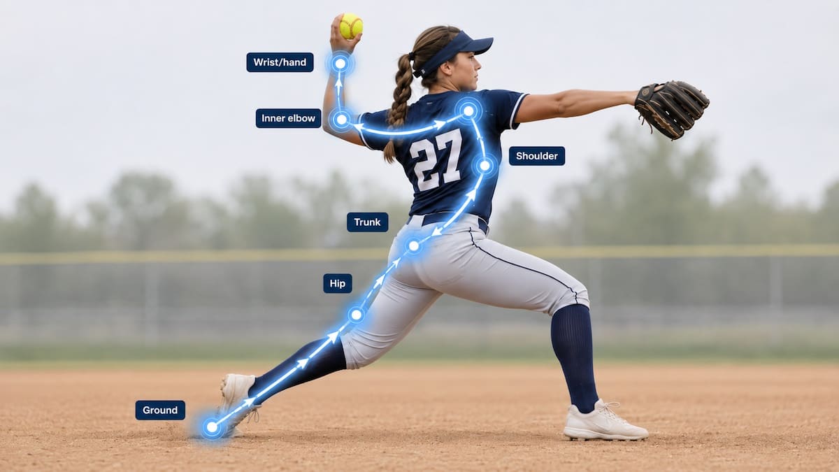 Softball overarm throwing chain from the rear leg through the trunk, shoulder, elbow and wrist