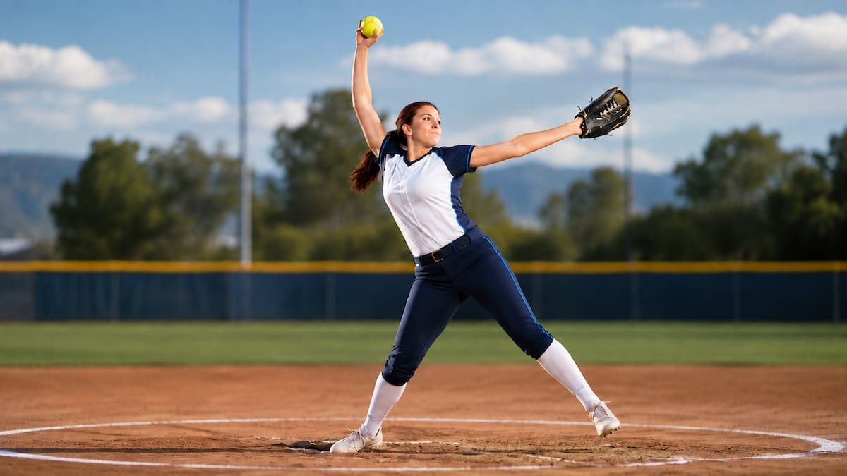 Softball pitcher holding a yellow ball during a windmill pitching action