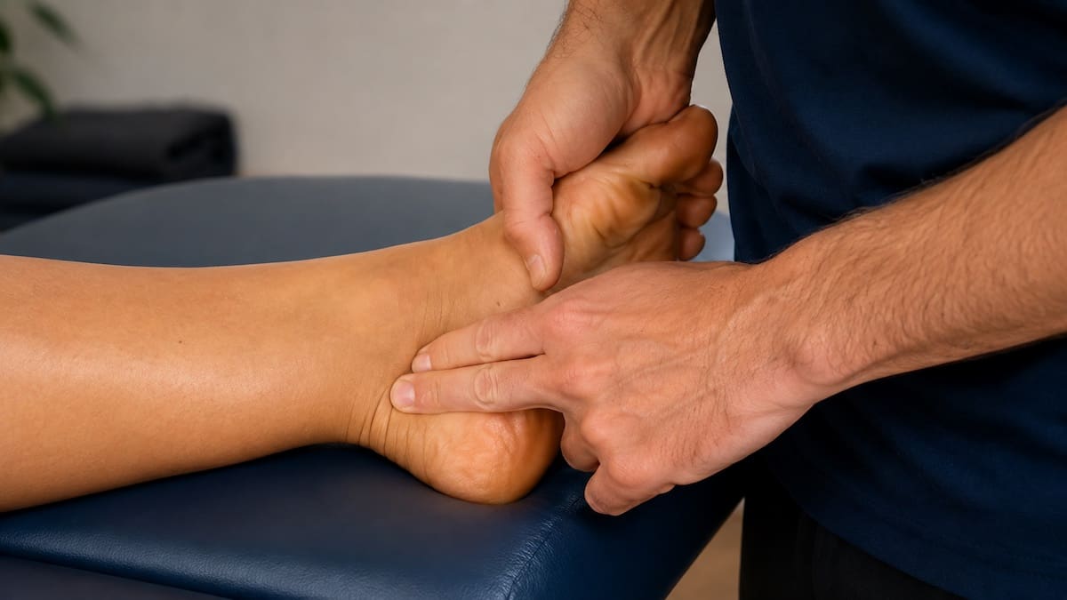 Physiotherapist assessing the inner ankle for tarsal tunnel symptoms