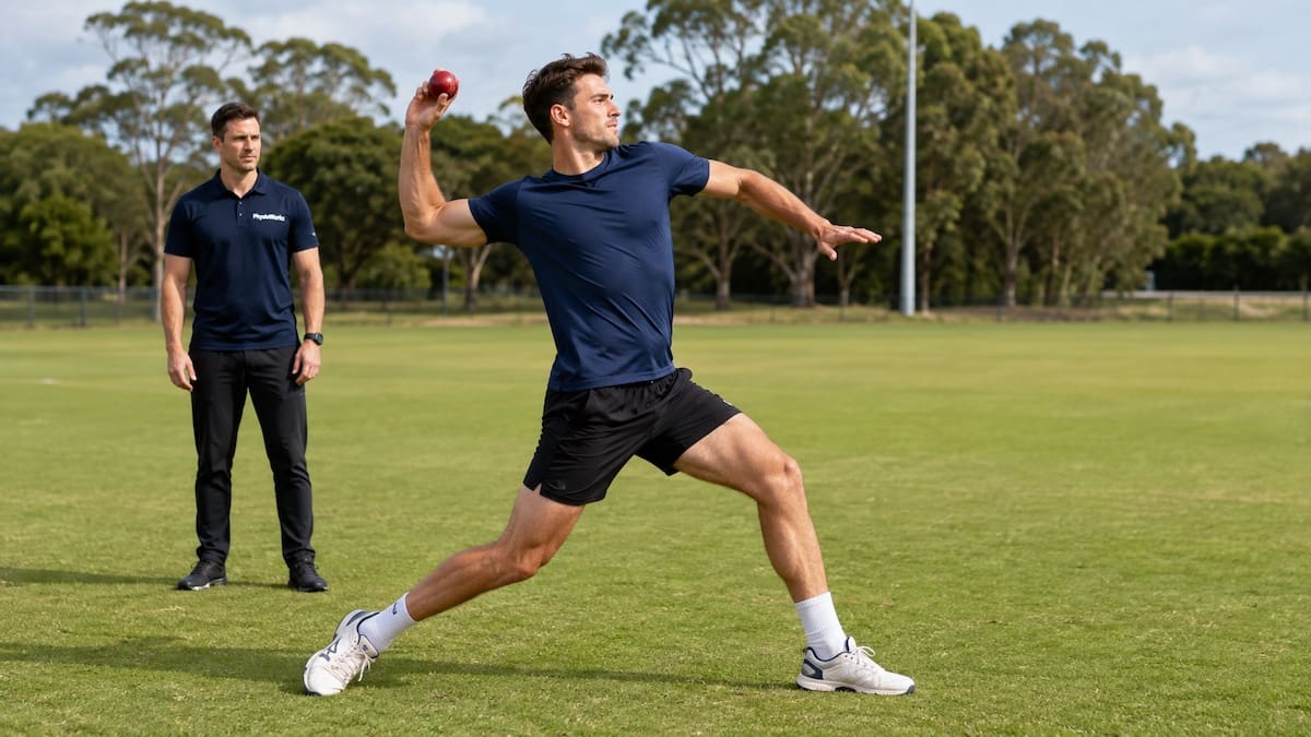Cricket athlete completing an overhead throw while a physiotherapist observes