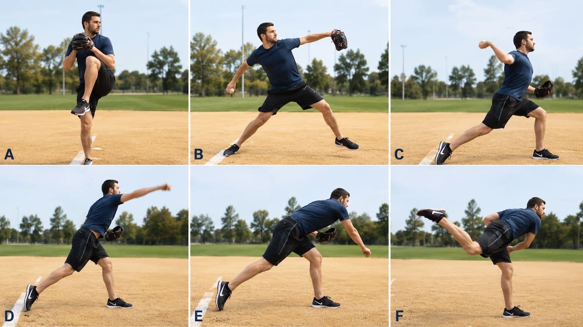 Six-stage baseball pitching sequence from wind-up through ball release and follow-through