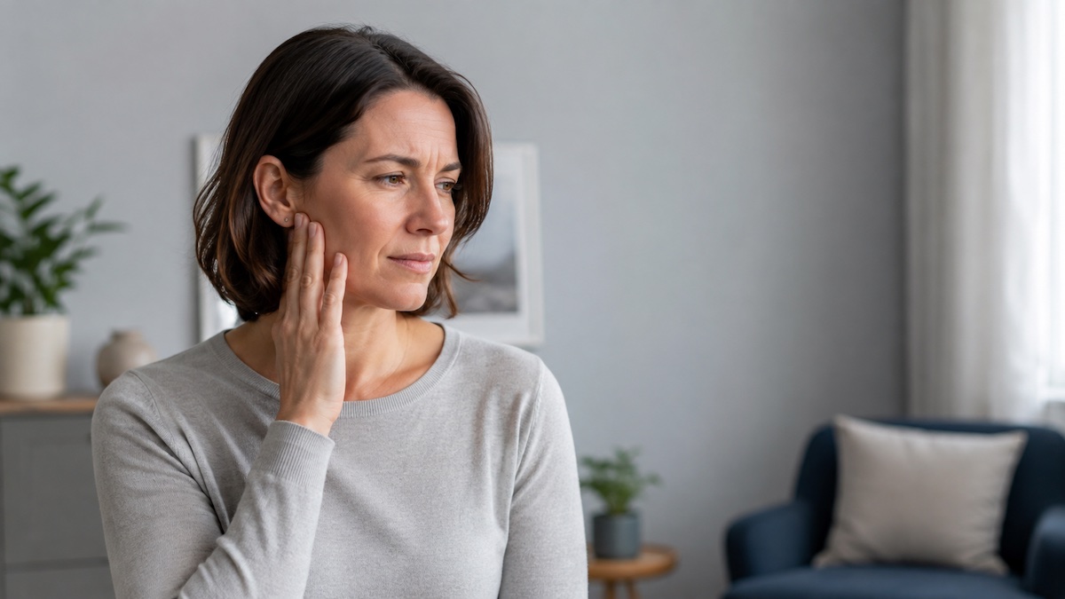 Adult touching the jaw while experiencing mild dizziness and head pressure