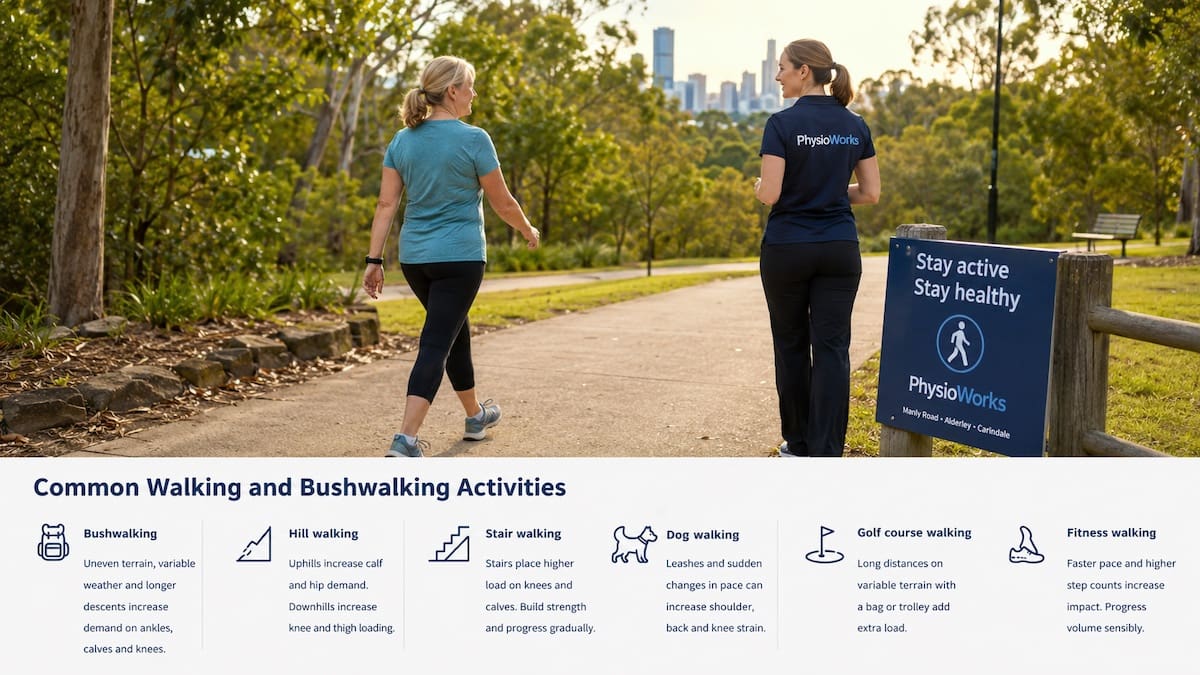 Woman walking on a Brisbane park path while a PhysioWorks physiotherapist observes her movement