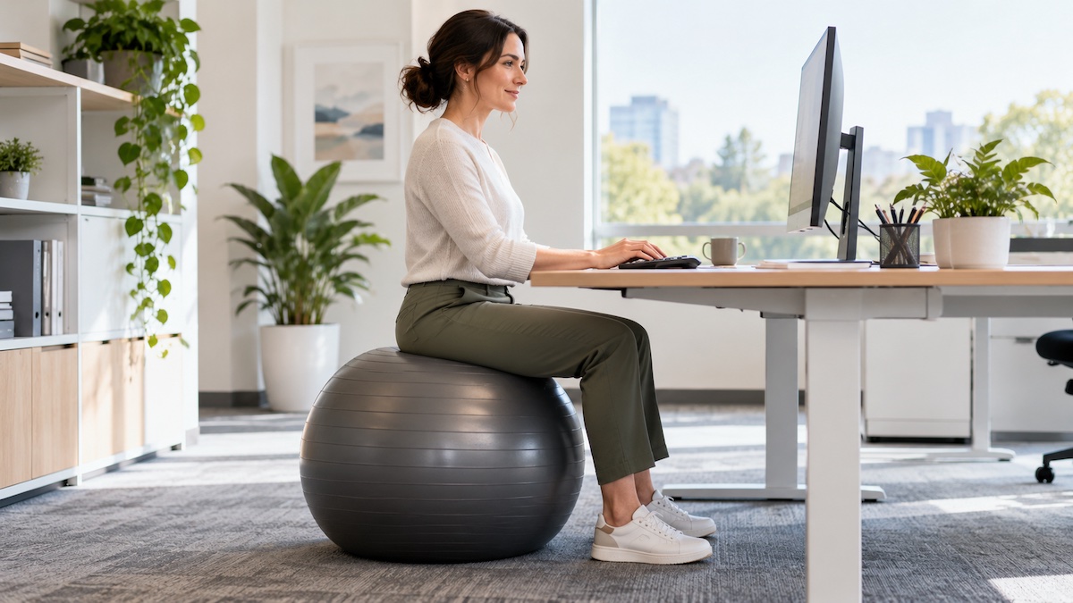 Adult sitting on an exercise ball at a computer workstation