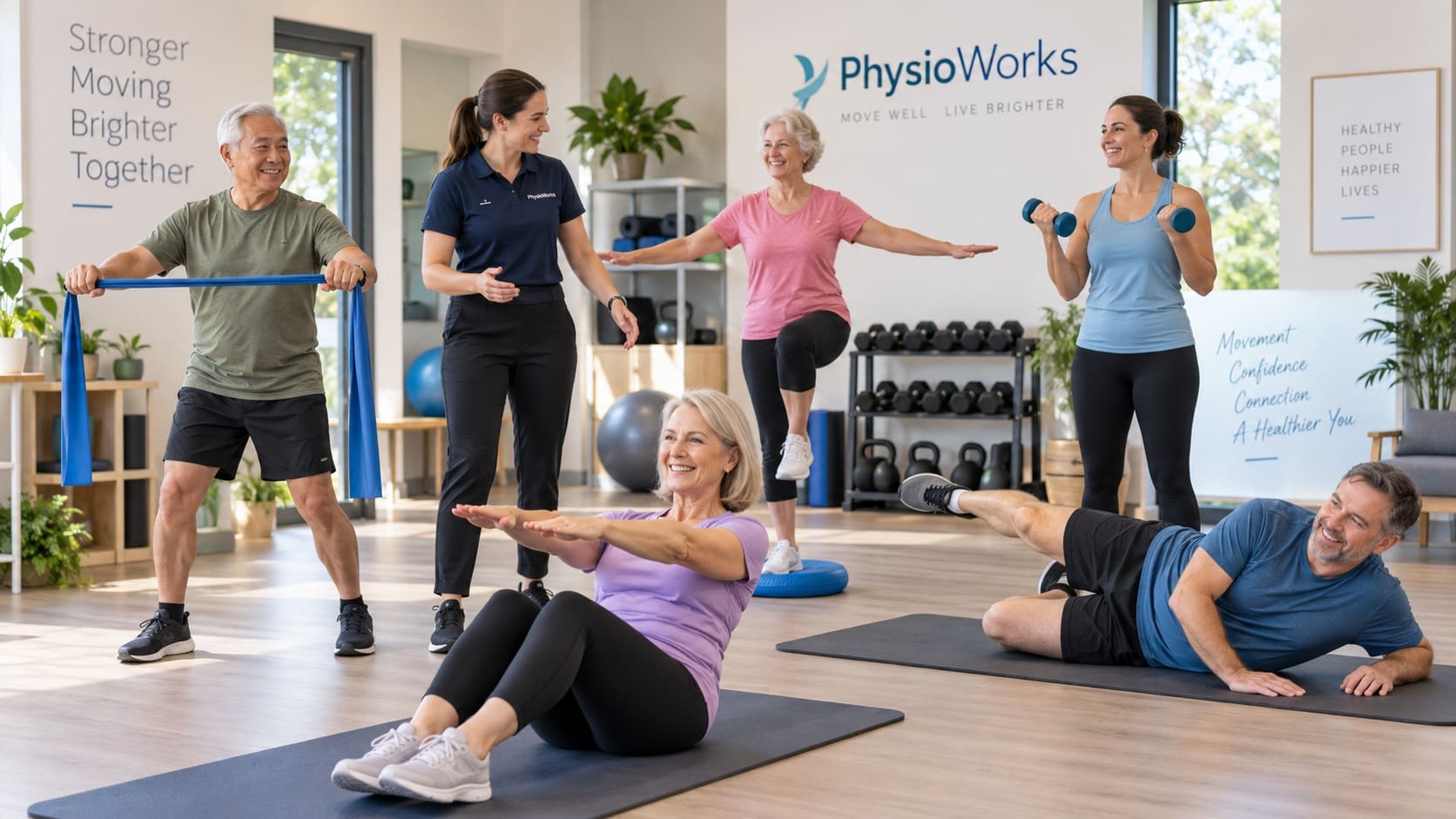 PhysioWorks clinician supervising adults during group exercise classes in Brisbane