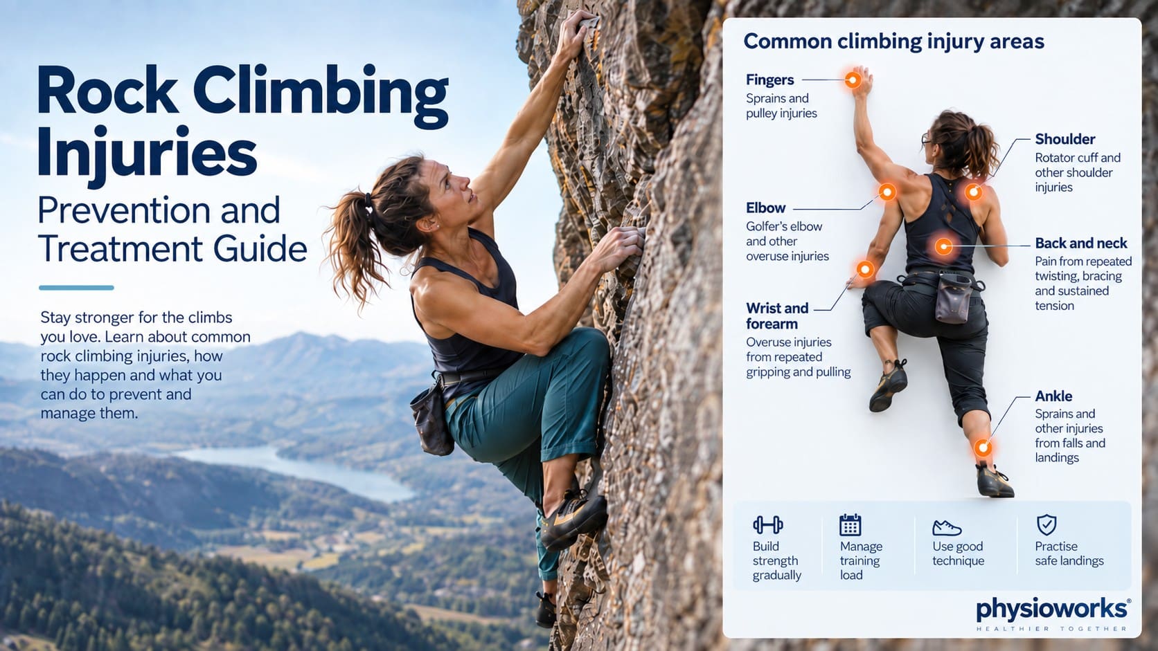Rock climber with common injury areas highlighted at the fingers, elbow, shoulder, back and ankle