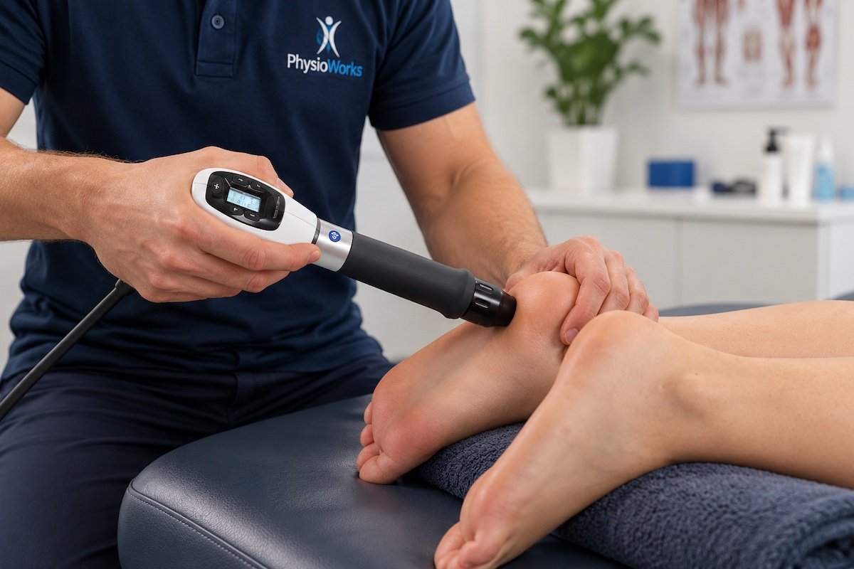 Physiotherapist applying shockwave therapy to a patient's heel